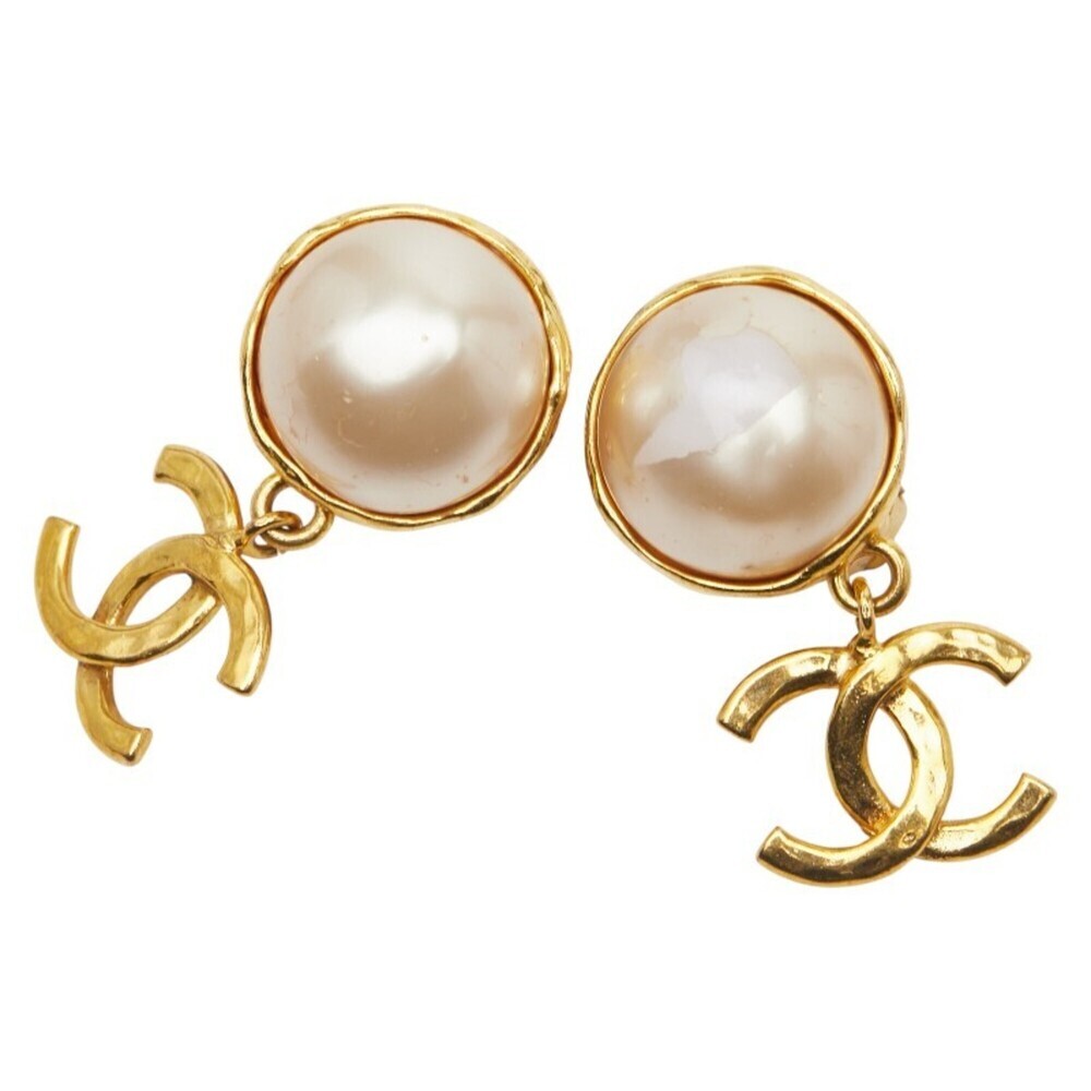 CHANEL Authentic Gold Pearl Logo Earrings